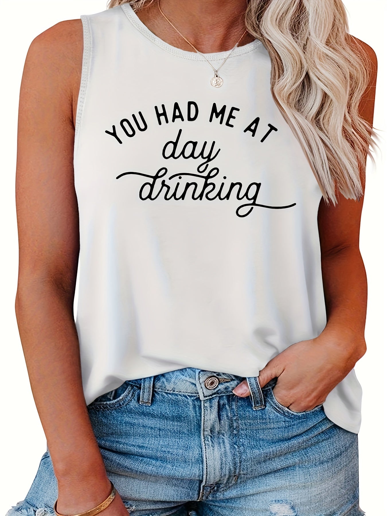  Women's Slogan Tank Top Round Neck Stretch