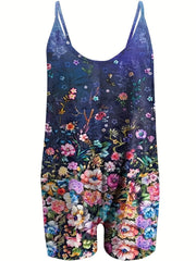 Floral Print Plus Size Casual Cami Romper with Pockets