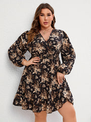 Floral Print Lantern Sleeve Waist Mini Smock Dress