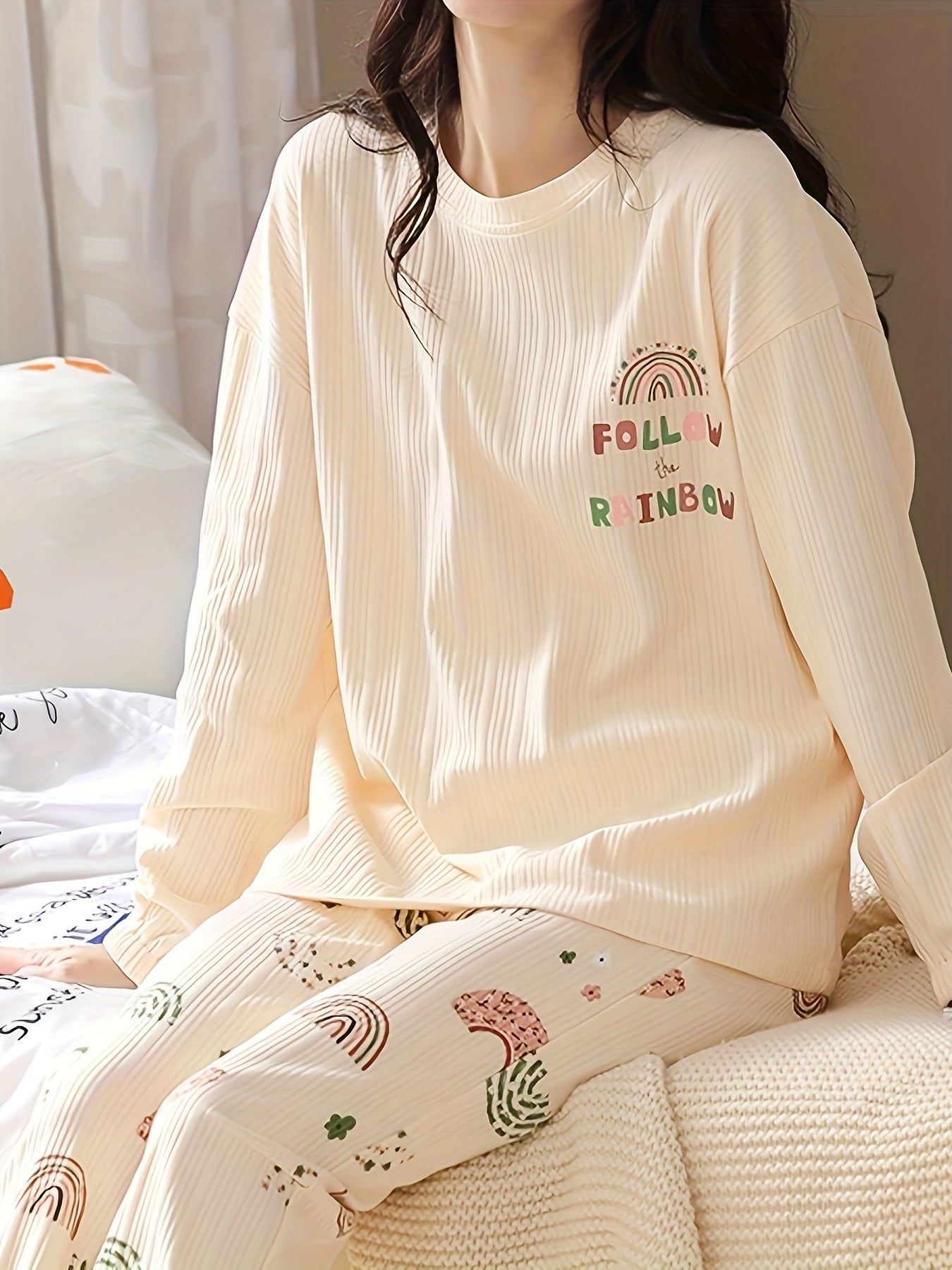 Rainbow Print Pajama Set Long Sleeve Top & Pants Women's Sleepwear