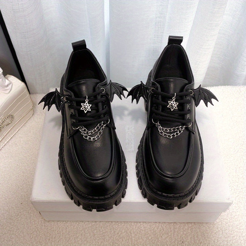 Women's Platform Loafers Chain Decor Lace Up Shoes