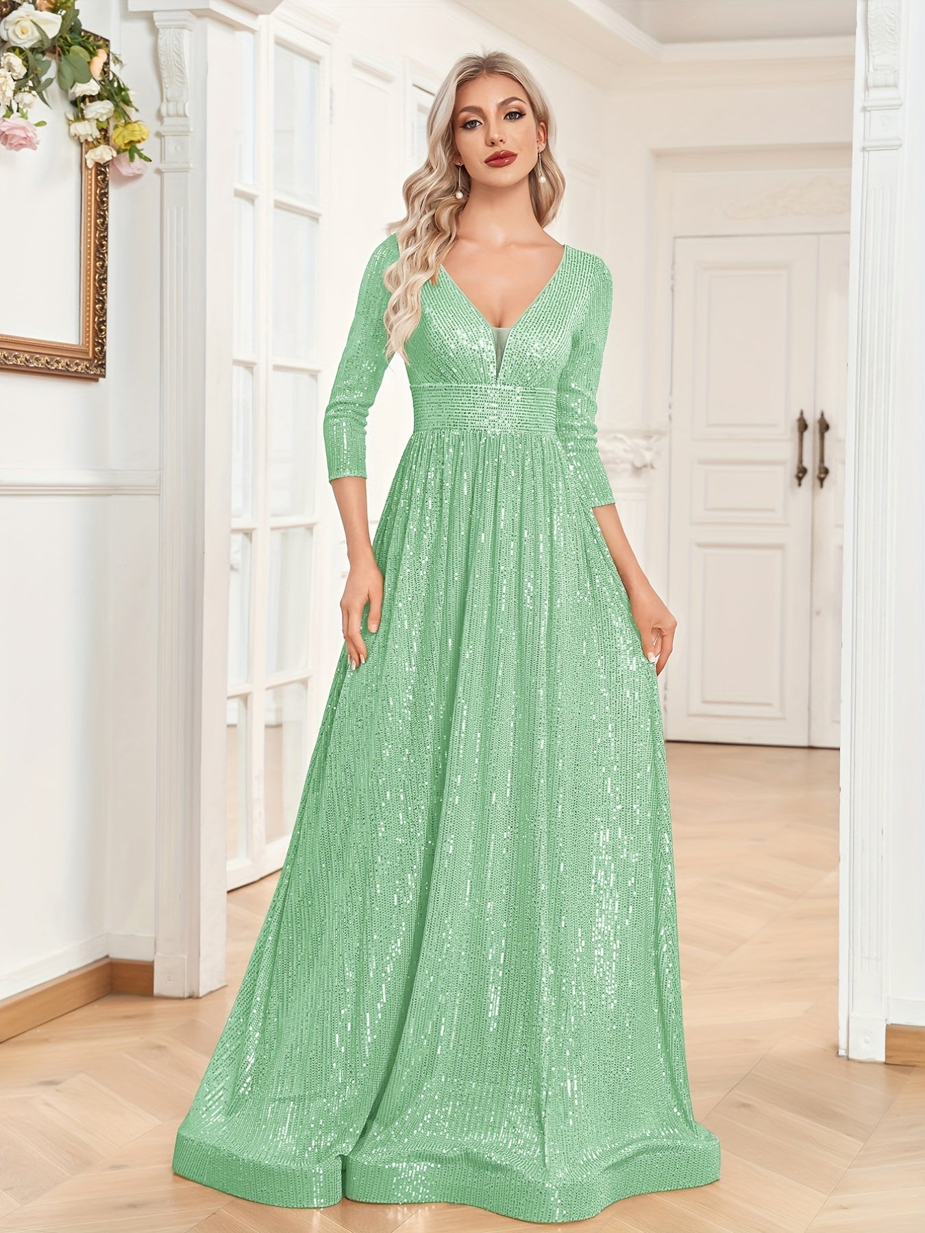 Sequined Maxi Dress V Neck Gown For Bridesmaid