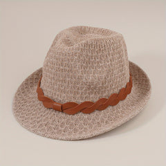 Stylish Belt Decor Sun Hat Crochet Short Brim Jazz Fedora Cap
