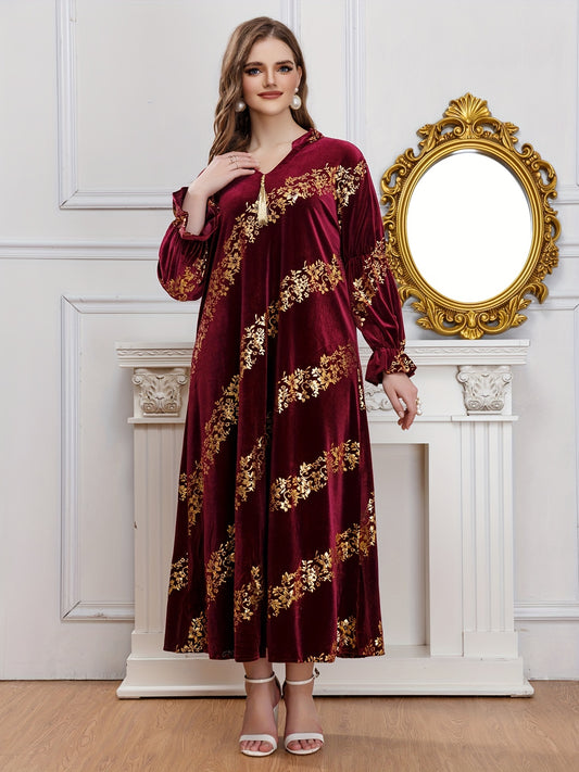  Golden Floral Print Flounce Sleeve Abaya Dress