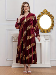  Golden Floral Print Flounce Sleeve Abaya Dress