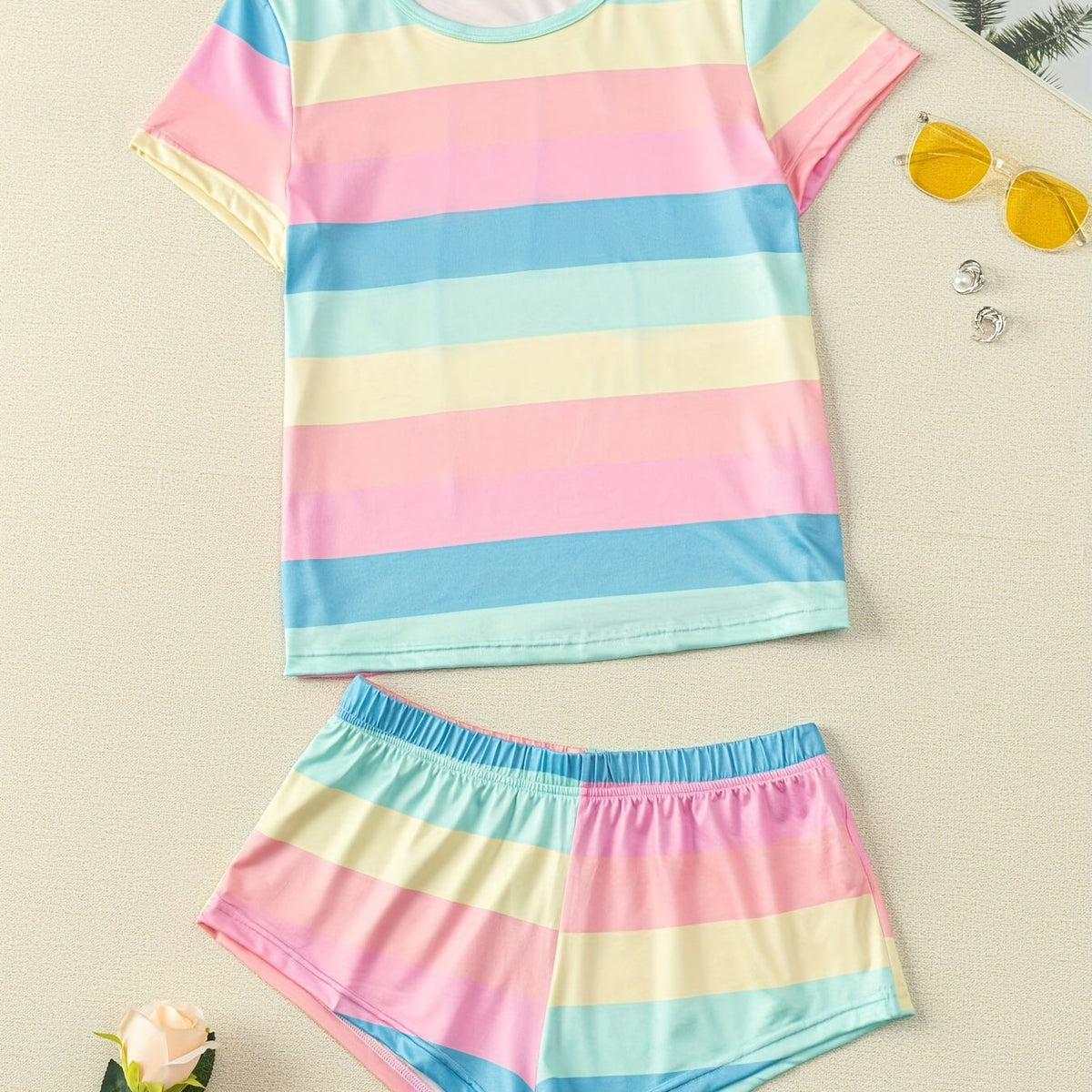 Rainbow Stripe Pajama Set Cozy Shorts & Crew Neck Top Women's Loungewear
