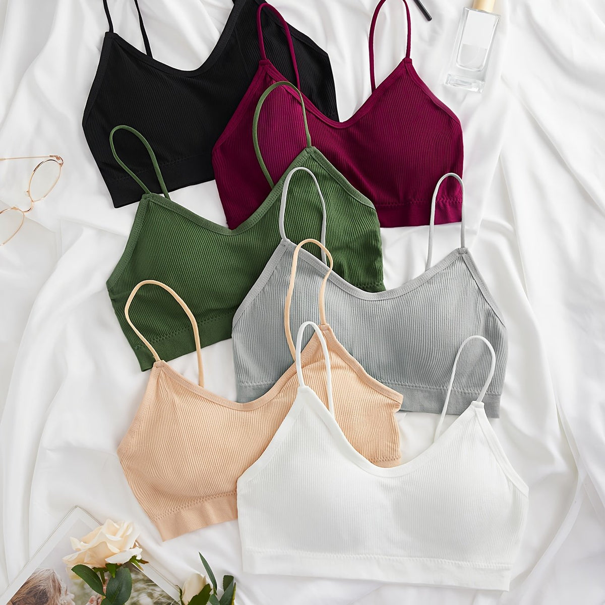 6pcs Wireless Ribbed Bras Comfortable & Breathable Intimates Women's Lingerie