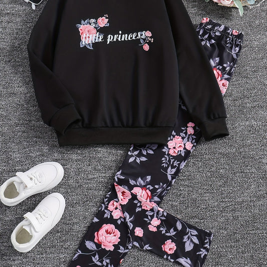 Girl's Floral Pattern 2pcs Sweatshirt & Leggings Set LITTLE PRINCESS Print