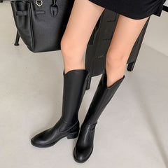 Women's Knee High Block Heel Boots - Faux Leather Booties