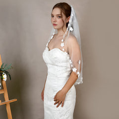 Sheer Bridal Veil Headpiece with Floral Embellishments