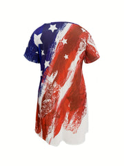  Independence Casual Dress Women's Plus Flag Print Short Sleeve V Neck
