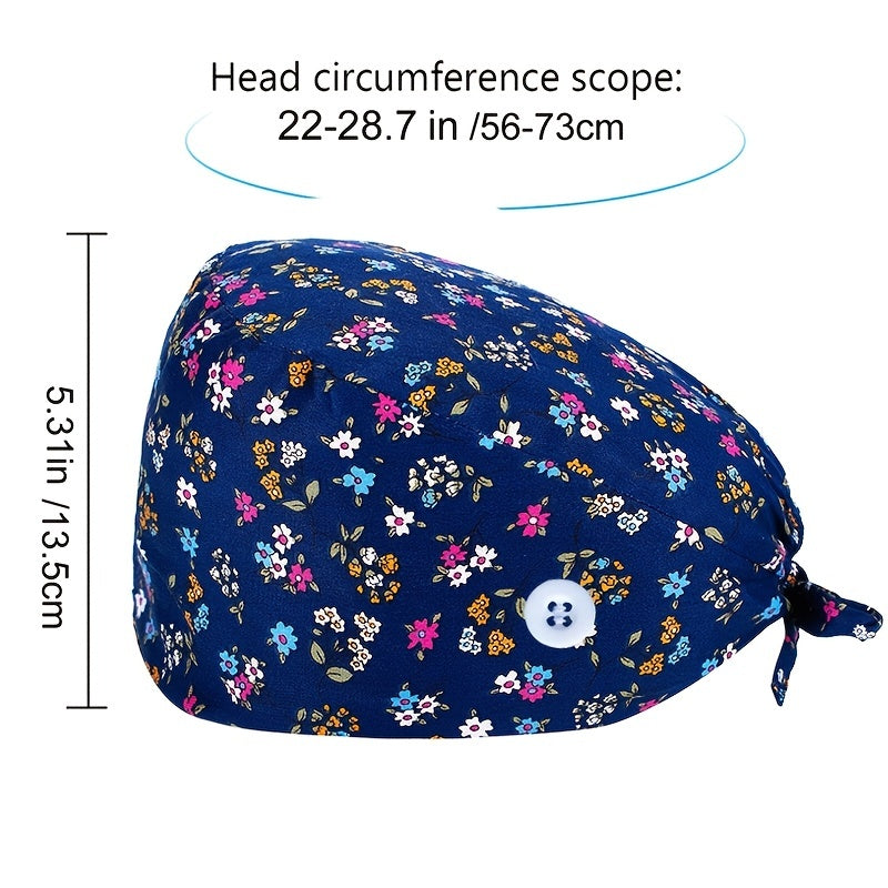 Floral Cartoon Print Work Cap Vintage Scrub Cap Adjustable Lace Up Hat