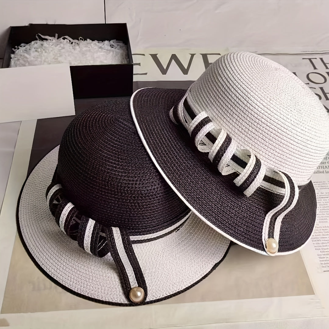 Pearl Buckle Straw Bucket Hat for Women