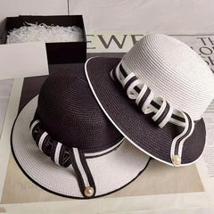 Pearl Buckle Straw Bucket Hat for Women