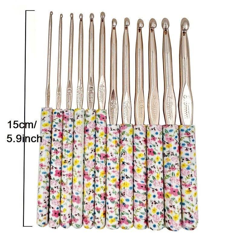 12pcs Aluminum Crochet Hooks Set with Floral Plastic Handle