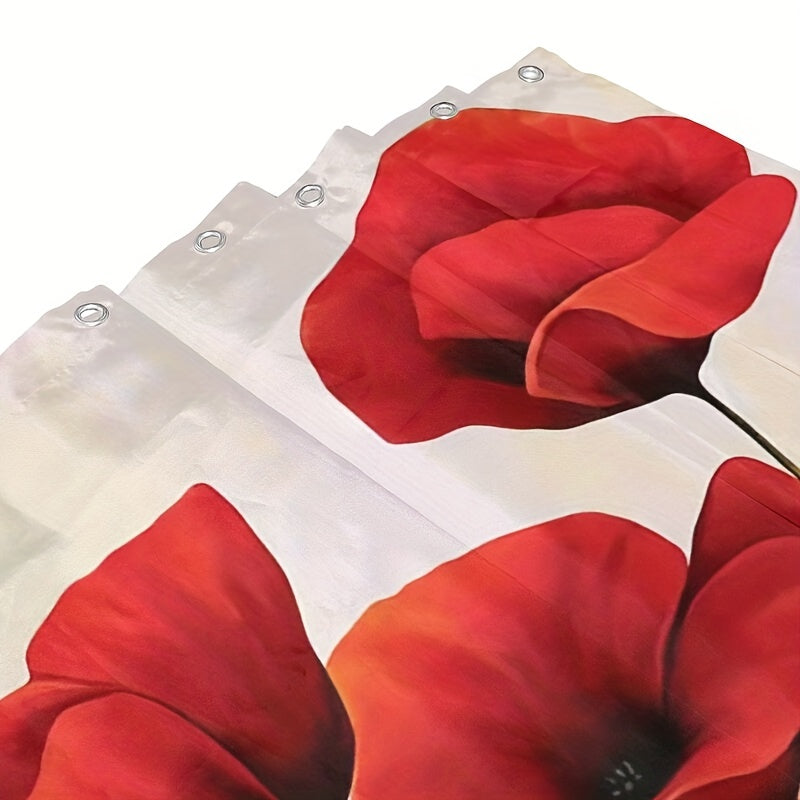 Red Flower Pattern Shower Curtain Waterproof Set