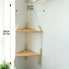 Triangular Wooden Shelf Wall Hanging with Bohemian Beads and Cotton Rope