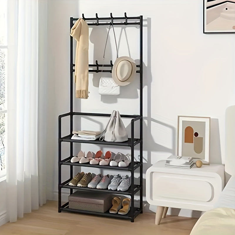 Metal Shoe And Hat Rack with 8 Hooks, 4 Shelves
