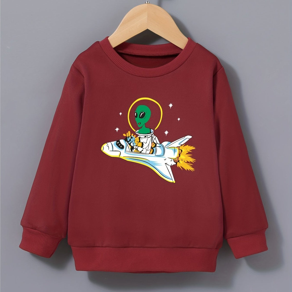 Boys Space Alien & Airplane Print Sweatshirt Crew Neck Top