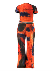  Tie Dye Knot Front Crop Top & Sweatpants Set Women's Plus
