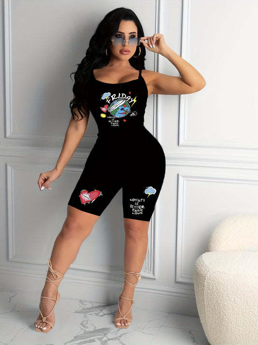 Cartoon Print Spaghetti Strap Romper Jumpsuit