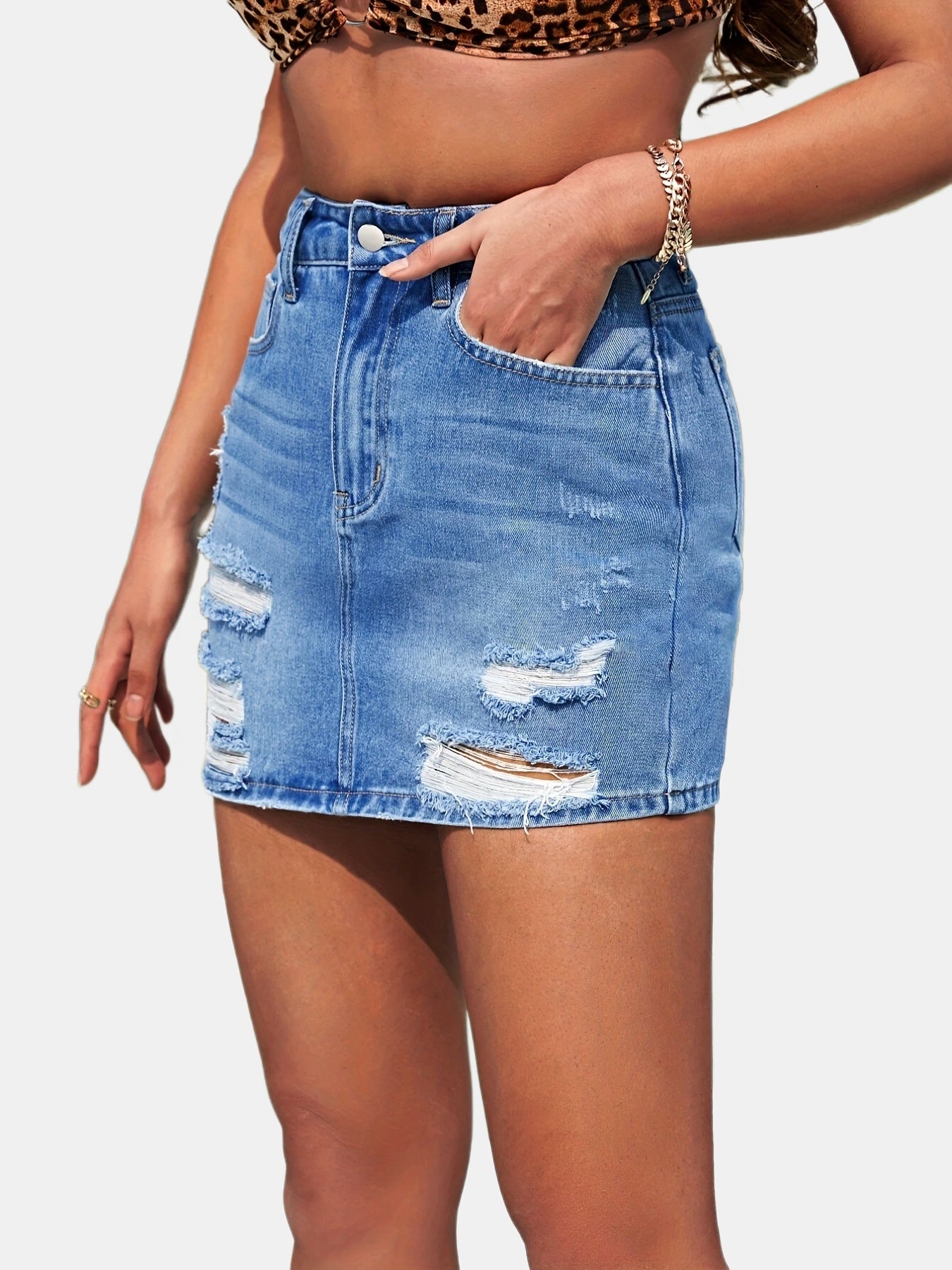 Ripped Water Ripple Embossed Crotch Denim Skirt
