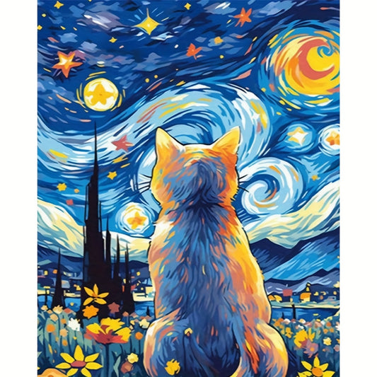 Starry Sky Cat DIY Canvas Painting Set 40x50 Frameless Polyester Fiber