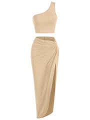 Sexy One Shoulder Crop Top & Front Skirt Set Women's Clothing