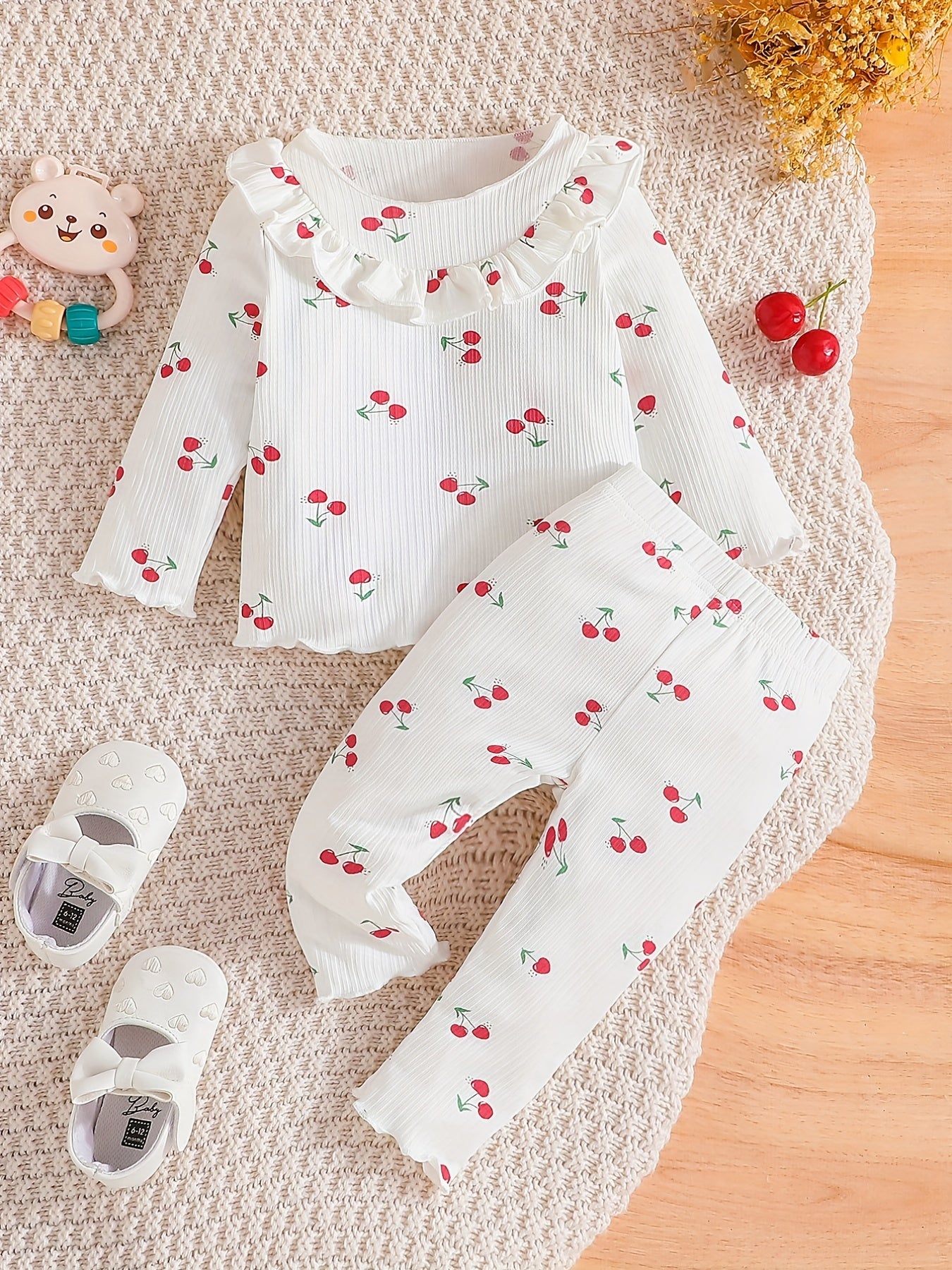 Toddler Girl Cherry Print 2 Piece Set Round Neck Long Sleeve & Trousers