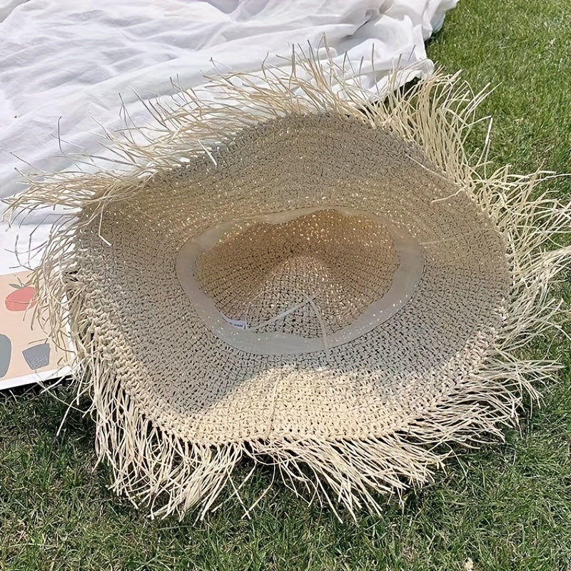 Vintage Raw Brim Sun Hat Solid Crochet Tassel Straw Hat Boho Outdoor Sun Shade