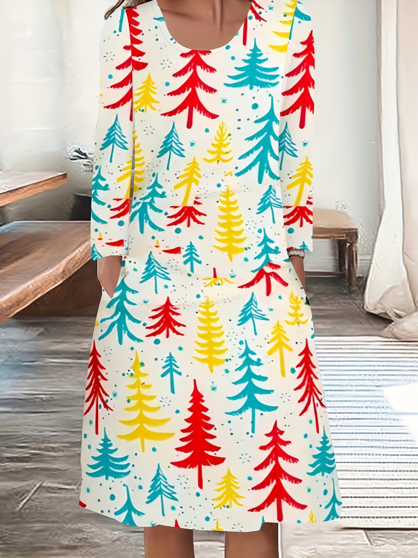 Christmas Tree Print Long Sleeve Dress With Pockets