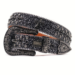 PU Leather Rhinestone Belt Flower Buckle Men