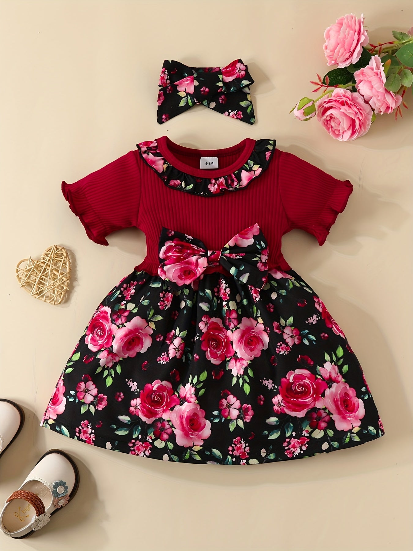 2pc Baby Girls Floral Print Dress & Headband Set Clothes