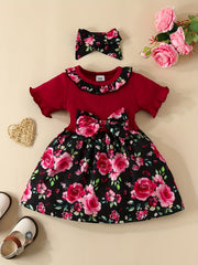 2pc Baby Girls Floral Print Dress & Headband Set Clothes