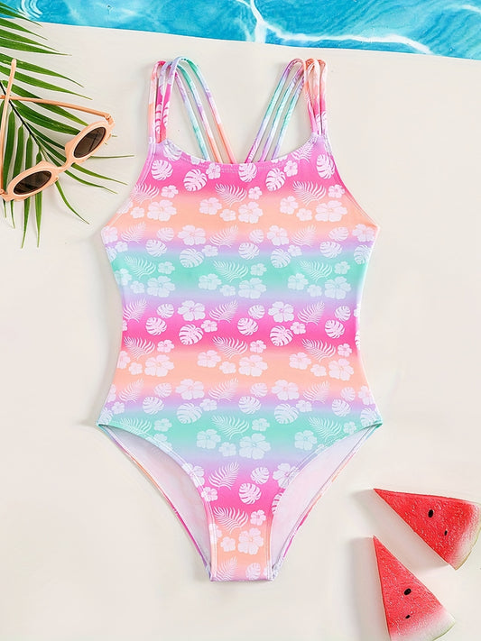 Girl's Floral Print Tankini Onesie Swimsuit for Summer Beach Vacation
