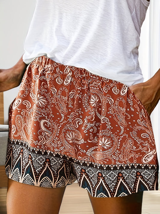 Boho Style Elastic Waist All Over Print Shorts