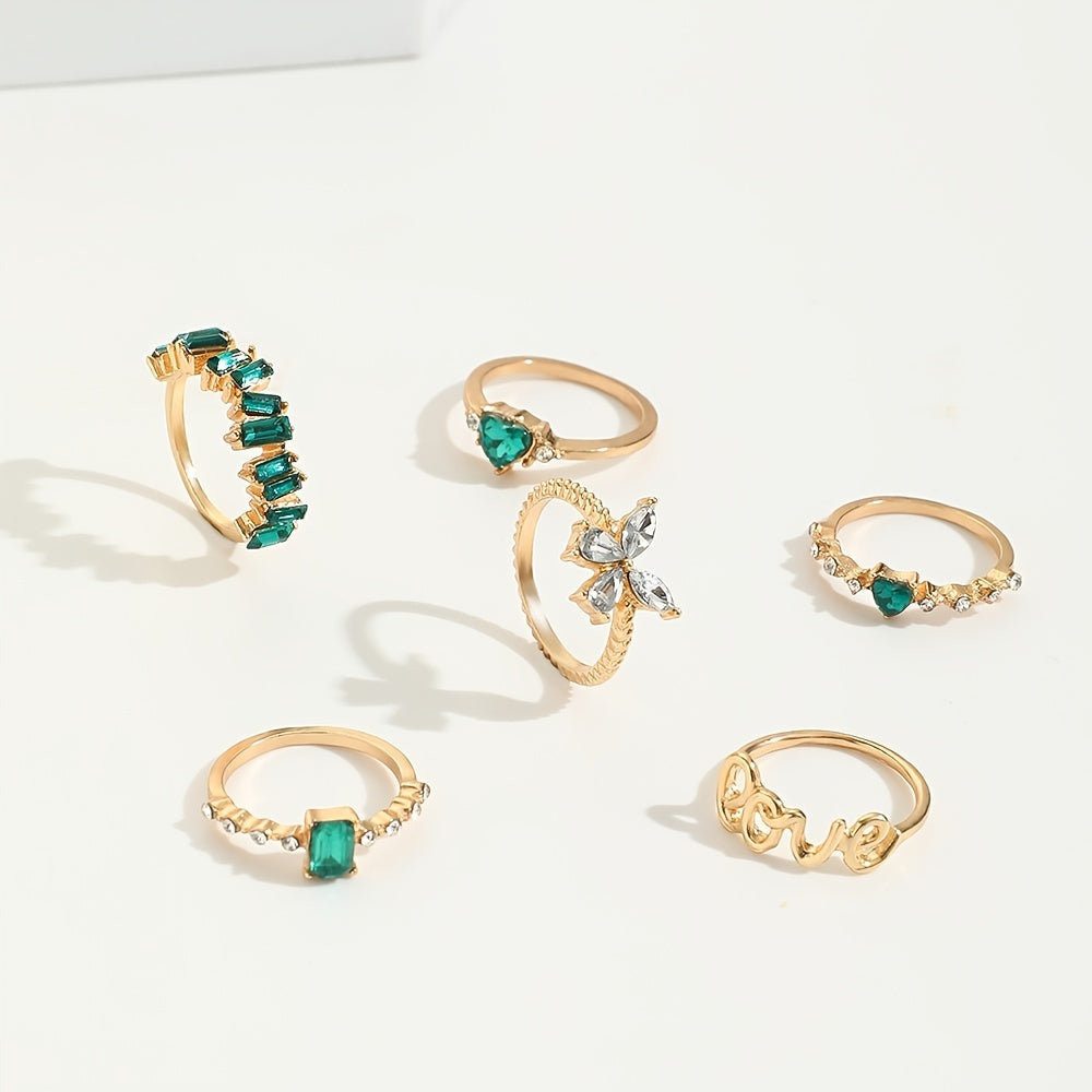 Green Vintage Emerald Heart LOVE Alphabet Butterfly Geometric Ring Set