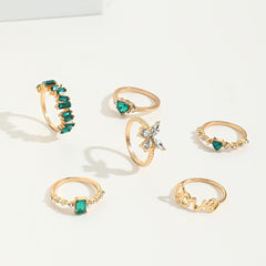 Green Vintage Emerald Heart LOVE Alphabet Butterfly Geometric Ring Set