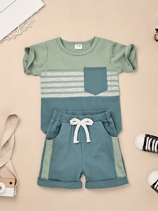 Baby Boys Striped Patched T-shirt & Shorts Set for Summer