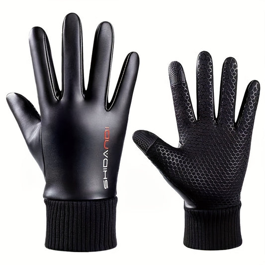 Men's Full Finger Cycling Gloves Autumn/Winter Warm Waterproof PU Leather