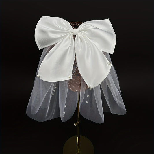 Faux Pearl Bow Veil Hair Clip French Barrette Bridal Head Accessories