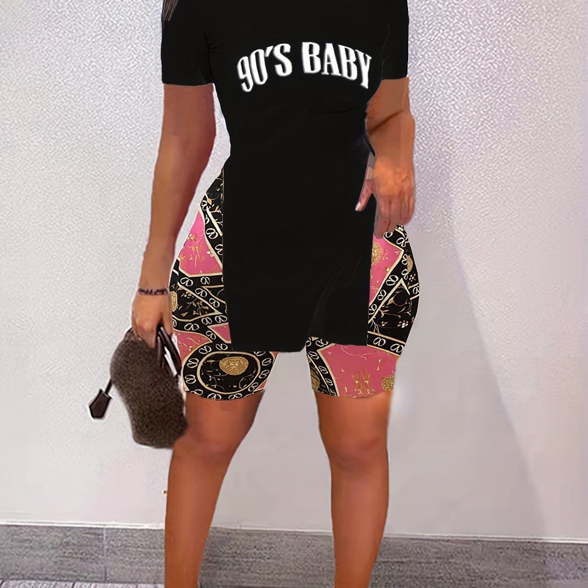 90's Baby Print Two Piece Outfit Casual T Shirt & Random Print Shorts