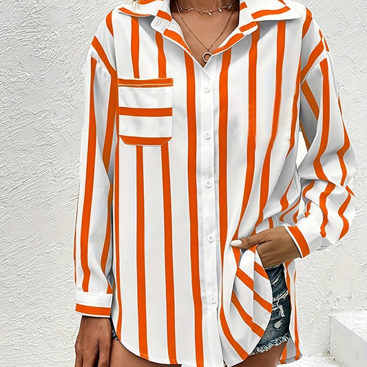  Striped Print Long Sleeve Button Up Shirt Top With Pockets