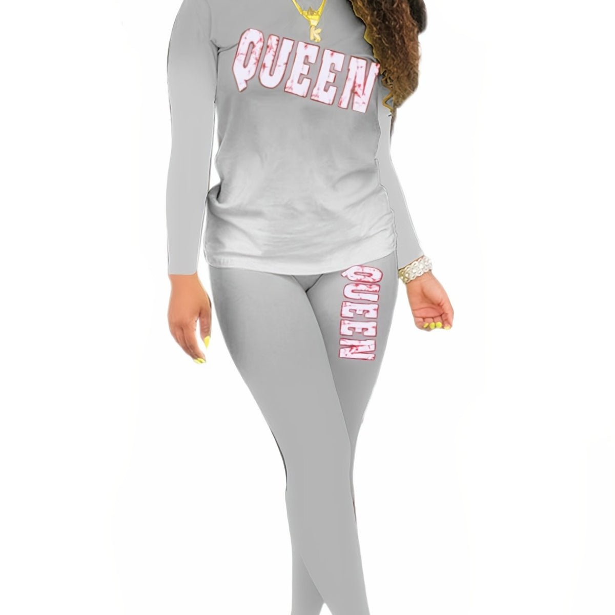  Letter Print Long Sleeve Tee & Skinny Pants Set Women's Plus