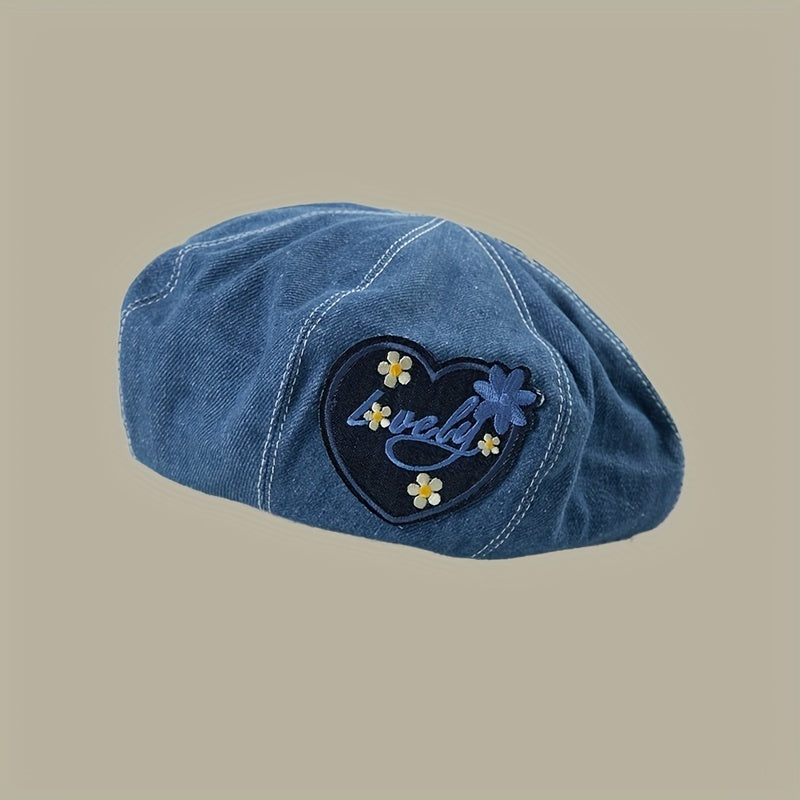 Lucky Heart Patch Beret Vintage Embroidery Washed Denim Painter Cap