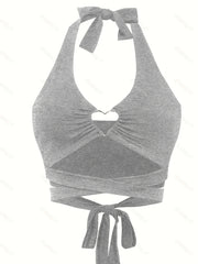 Heart Pattern Decor Halter Neck Top Beach Wear Backless Cross Tie Back
