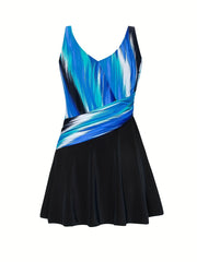  Colorblock Stripe Print V Neck One Piece Swimsuit