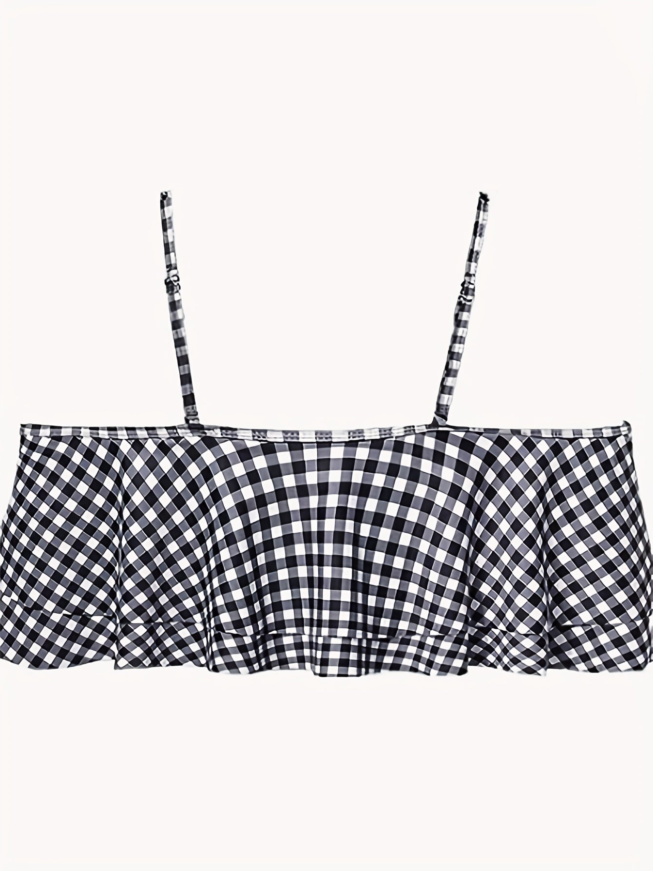 Plus Gingham Print Ruffle Trim Layered Cold Shoulder Bikini Top