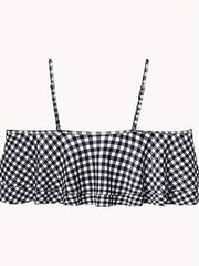 Plus Gingham Print Ruffle Trim Layered Cold Shoulder Bikini Top