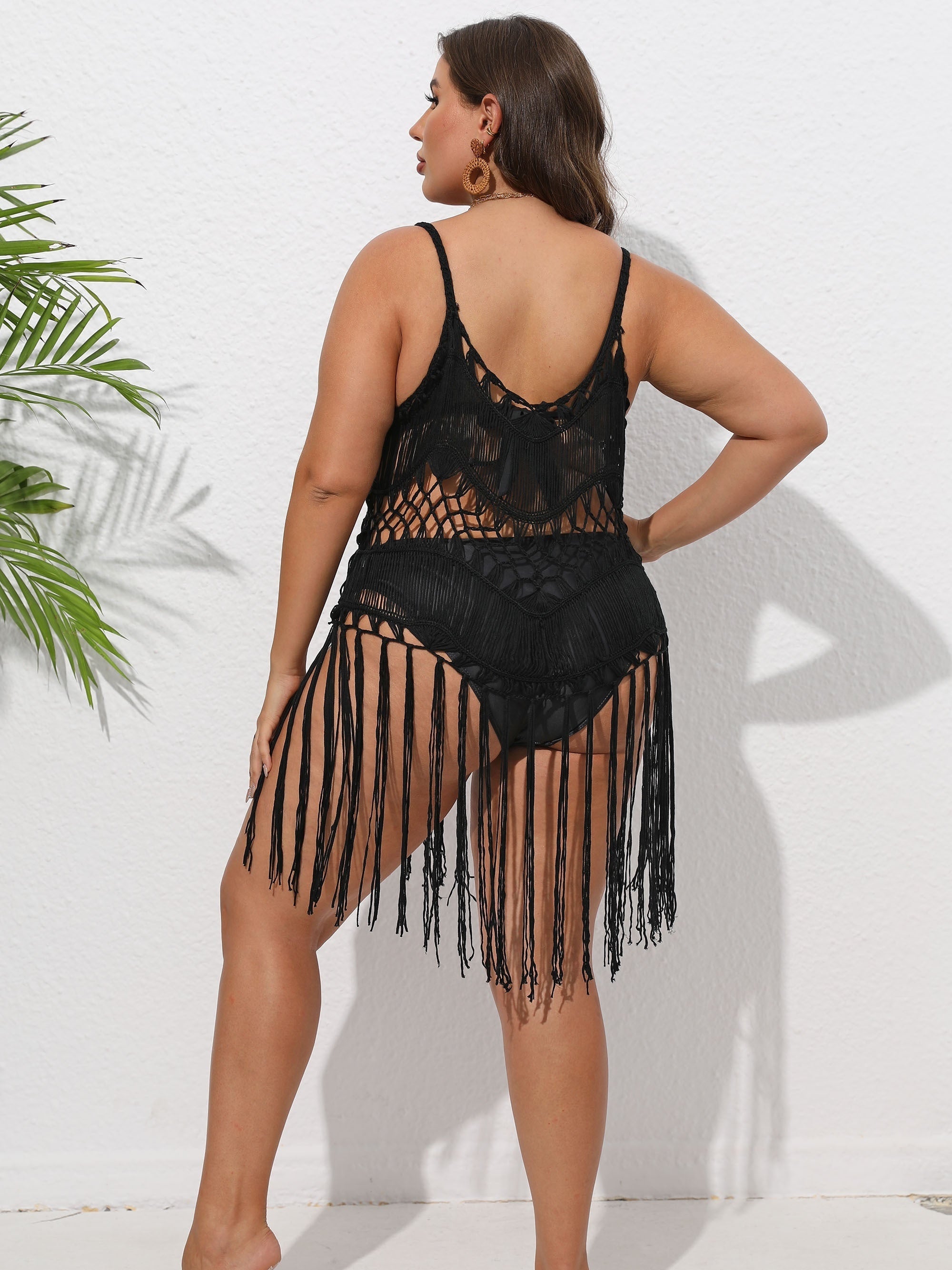  Sexy Cami Top Solid Hollow Out Fringe Trim Beachwear